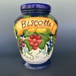 Vtg Ceramic Biscotti Jar Hand-Painted Fruit Grapes Lemons Blue